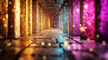 Fototapete - Luminous Corridor with Colorful Pillars and Glittering Particles of Light