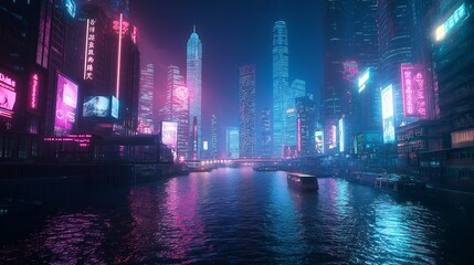 Poster - A river flowing through a neon-lit cyberpunk city.