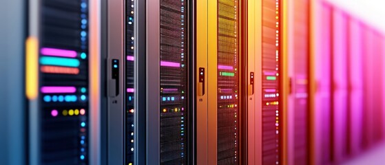 Fototapete - Close-up view of multiple servers stacked together in a data center environment
