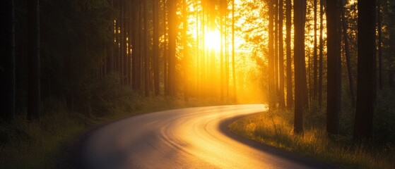 Wall Mural - road through a forest at sunrise