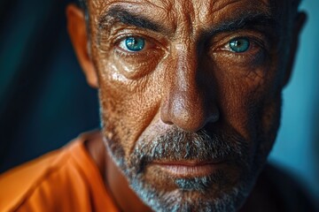 Wall Mural - A close-up shot of a man's face with striking blue eyes