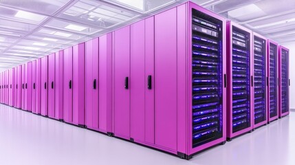 Leinwandbilder - Colorful Server Room with Pink Cabinets and LED Lighting in a Modern Data Center