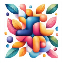 Poster - Vibrant abstract illustration with geometric shapes and colorful leaves