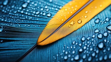 Aufkleber - Bright Yellow Feather on Blue Background with Water Droplets Close-Up