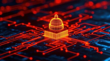 Fototapete - Digital Representation of Government Building on Circuit Board Background