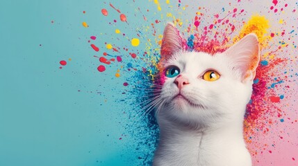 Fototapete - Playful White Cat with Colorful Paint Splash Background