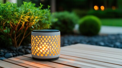 Poster - Elegant Outdoor Lantern Casting Warm Light on a Garden Pathway at Dusk
