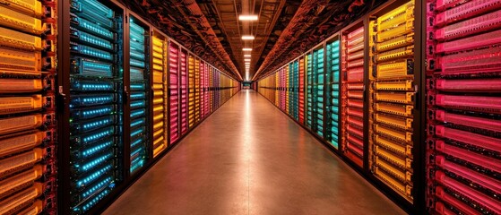 Fototapete - High-tech server room filled with rows of servers for data management solutions