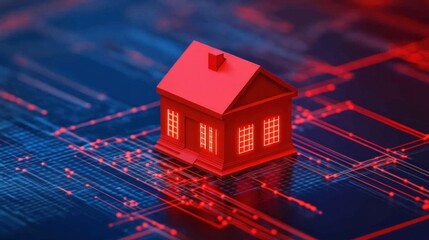 Aufkleber - Red House Model on Digital Grid Abstract Background for Real Estate Concepts