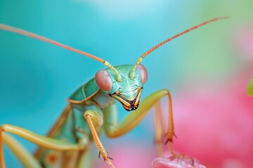 Fototapete - A close-up shot of a praying mantis sitting on a flower, highlighting its unique features and natural habitat