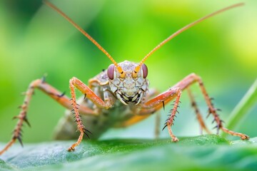 Fototapete - Close-up shot of a grasshopper sitting on a leaf