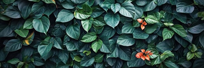 Canvas Print - Dark Green Tropical Leaf Wall with Vibrant Red Flowers, Lush Natural Texture Background.