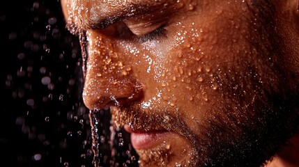 Wall Mural - Radiant and Hydrated Masculine Closeup Portrait with Dramatic Lighting