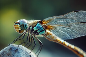 Fototapete - A dragonfly perches on top of a rock, its iridescent wings glistening in the sunlight