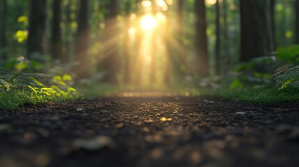 Wall Mural - Sunlight through the forest on a pathway.