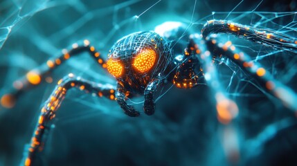 Close-up of a glowing digital spider in a web with neon lights