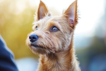 Wall Mural - A brown dog with blue eyes sitting comfortably on someone's lap