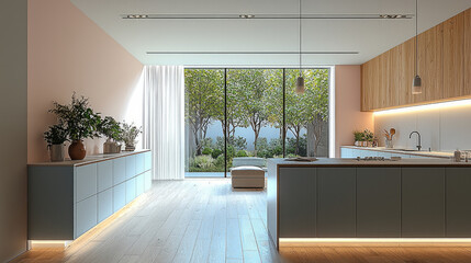 Poster - Modern kitchen with pastel colors, large windows, and greenery view