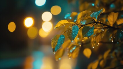 Sticker - Close-up shot of a tree branch with tiny water droplets glistening in the sunlight