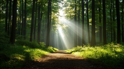 Wall Mural - Sun rays through a forest path