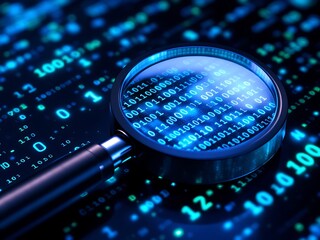 data analysis with magnifying glass focus on binary code for security and tech exploration era