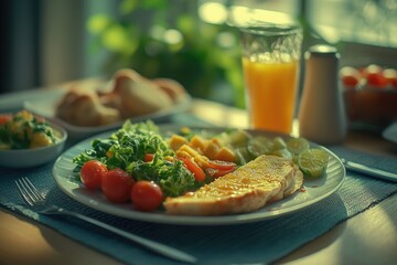 Wall Mural - A breakfast plate with a variety of foods and a glass of orange juice