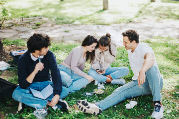 Poster - Young students sitting on grass, engaging in a lively conversation and enjoying leisure time together. The setting is lush and green, reflecting a relaxed and friendly atmosphere.