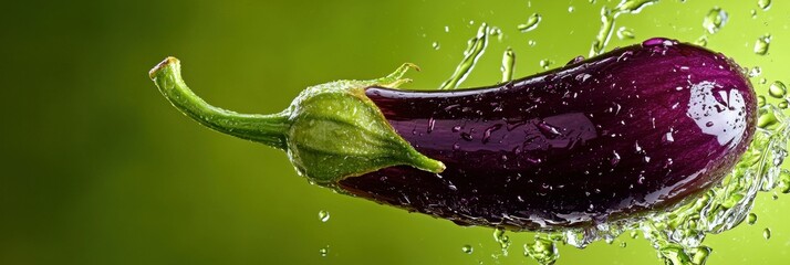 Wall Mural - Shiny Purple Eggplant with Water Splash on Bright Green Background