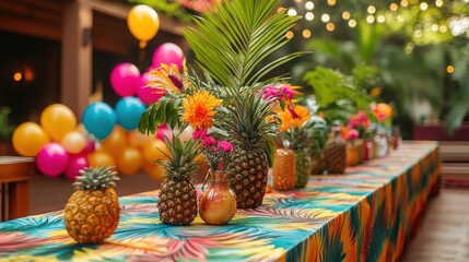 Vibrant and cheerful summer party decor with colorful tropical elements like palm leaves, bright balloons, and tiki torches. Tables have vibrant linens, tropical prints, exotic fruit centerpieces