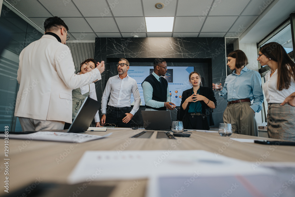 A multicultural group of business people actively participating in a ...