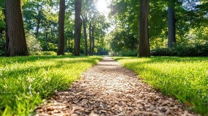 Wall Mural - Sunlit forest path invites tranquil walks among dappled light and greenery