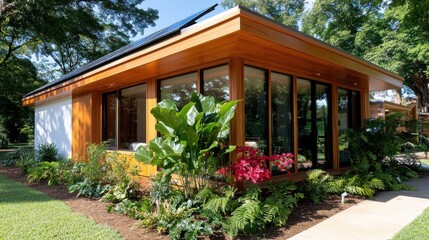 Wall Mural - Sustainable cabin nestled in the woods shines with solar energy amidst lush greenery