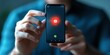 © Pixelbiz - Spam call phone security concept. A person holding a smartphone displaying a glowing red icon, indicating a feature or application in use, set against a blurred background.