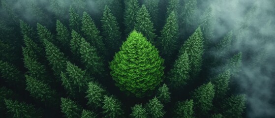 Wall Mural - Bright Green Tree in a Forest of Evergreens with Fog