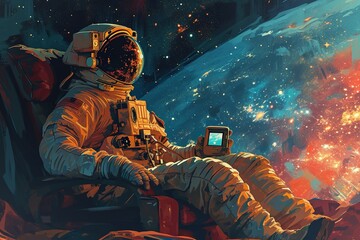 Wall Mural - an astronaut in a spacesuit and helmet sits relaxed in a soft chair in space against the backdrop of