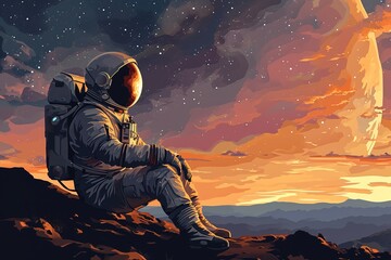Wall Mural - illustration of profile view astronaut in space uniform sitting on surface on another planet and thi
