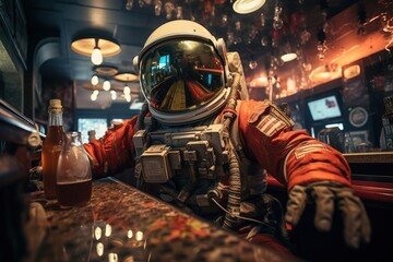 Wall Mural - an astronaut in a spacesuit and helmet sits at a wooden bar counter and drinks beer, shot with a wide-angle lens