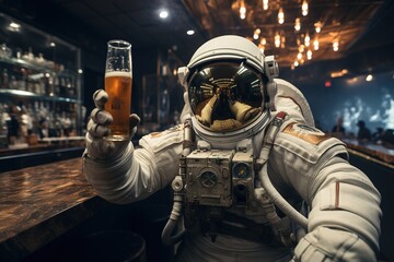 Wall Mural - an astronaut in white spacesuit and helmet sits at a wooden bar counter and holds a glass of refreshing beer