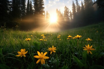 Wall Mural - sunburst through the trees over a meadow of yellow flowers.