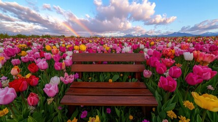 Wall Mural - Vibrant rainbow spans over a colorful tulip field with a wooden bench under a beautiful sky