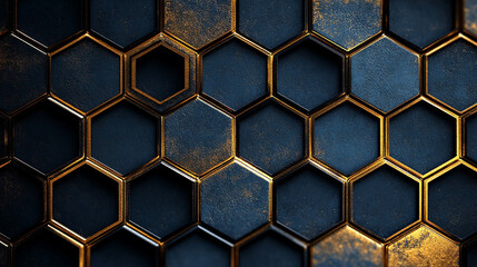 Wall Mural - a pattern of hexagonal honeycomb black background with gold lines minimalist style illustration