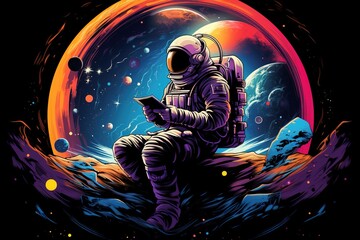 Wall Mural - astronaut in a spacesuit and helmet sits on rocks and reads a book with colorful galaxy on backgroun