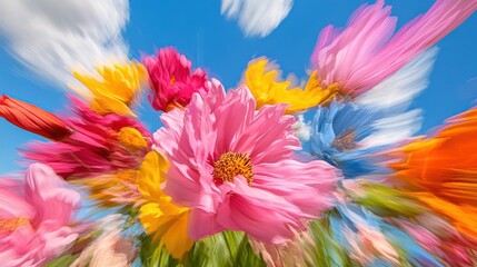 Wall Mural - Wind-swept meadow displaying vibrant wildflowers under a clear blue sky