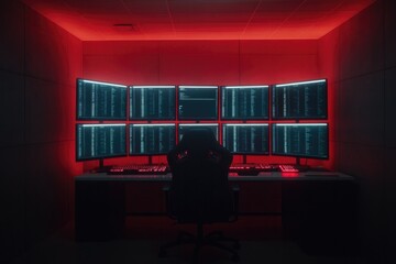 dark room with multiple screens displaying data, illuminated by
