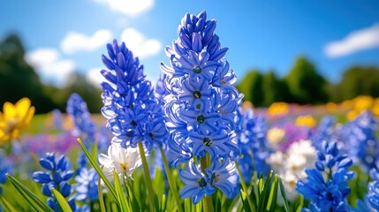 Wall Mural - Swaying wild bluebell in vibrant field under bright daylight showcasing nature's beauty and tranquility