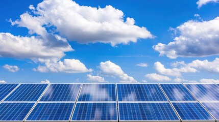 Wall Mural - A vibrant array of solar panels under a bright blue sky dotted with fluffy clouds, showcasing clean energy technology.