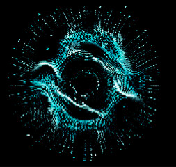 Poster - Vector illustration of a dynamic, swirling pattern made from blue dots against a black background. It evokes a sense of cosmic energy and movement, blending digital aesthetics with futuristic art.