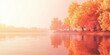 © Sergey Fedchenko - 3d background minimalistic mockup with space for text, peaceful lake reflecting autumn trees in vibrant orange and red hues
