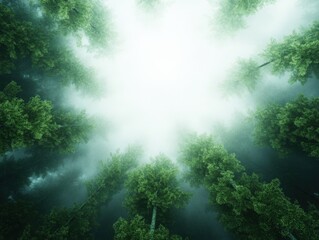 Wall Mural - forest canopy with fog viewed from below