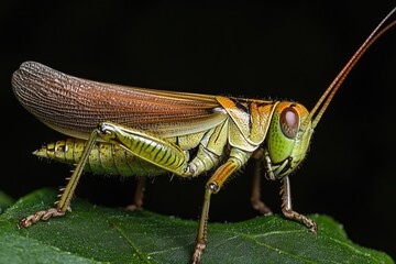 Fototapete - A close-up view of a grasshopper sitting on a leaf, ideal for use in nature or science related images